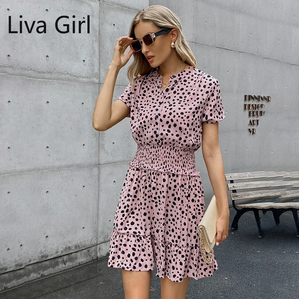 

Button Summer Wave Point Print Dress Women Boho Beach Chiffon Shirt Dress Elastic Waist Ruffle Slim Mini Short Sleeve Dresses