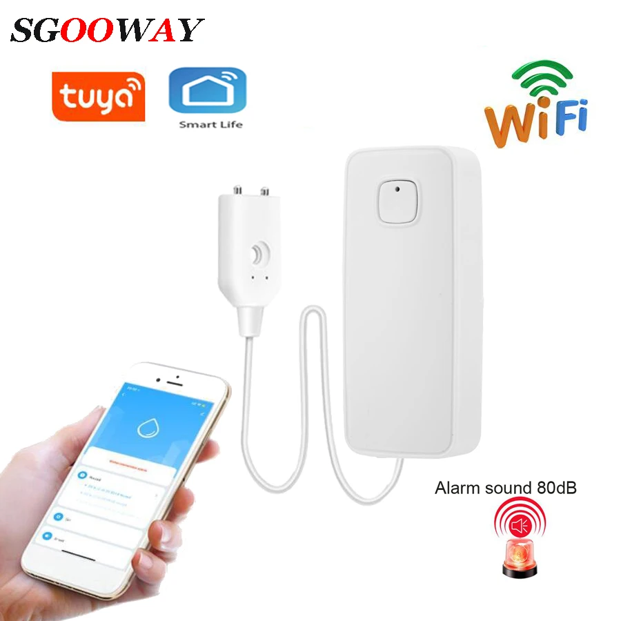 Датчик утечки воды Sgooway Tuya смарт детектор с Wi Fi работает со звуком сигнализации 80