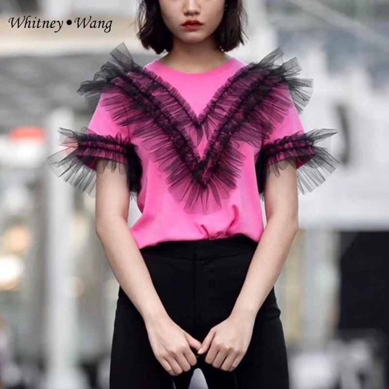 WHITNEY WANG футболка 2020 весна лето мода уличная сетка оборки Футболка женская Топы