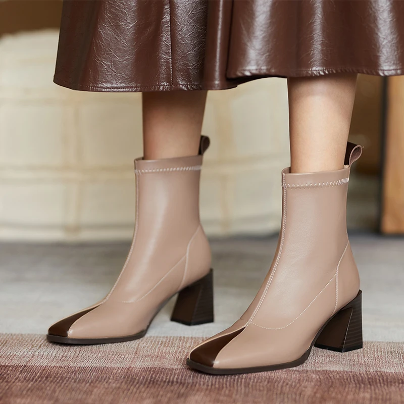 

MORAZORA 2020 Genuine leather boots thick high heels square toe ladies shoes autumn winter mixed colors ankle boots women