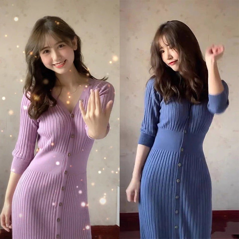 Женское трикотажное платье асимметричного покроя слитное с V-образным вырезом и