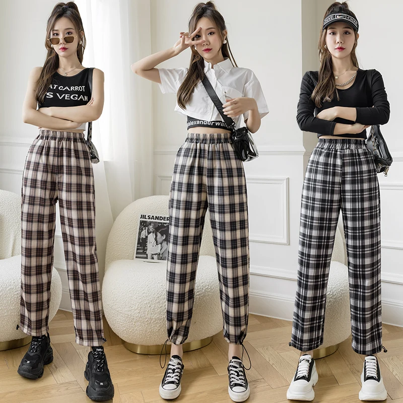Брюки женские в клетку с завышенной талией спортивные Джоггеры стиле Харадзюку