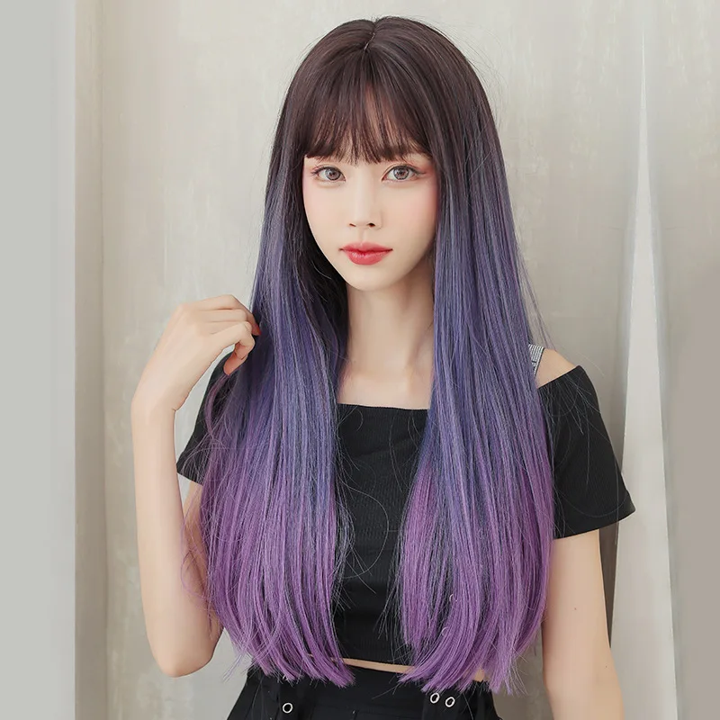 

Wig Female Long Hair Blue Purple Gradient Women Straight Hair Air Bangs Full Cover Goth Cosplay High Temperature Resistant Fiber