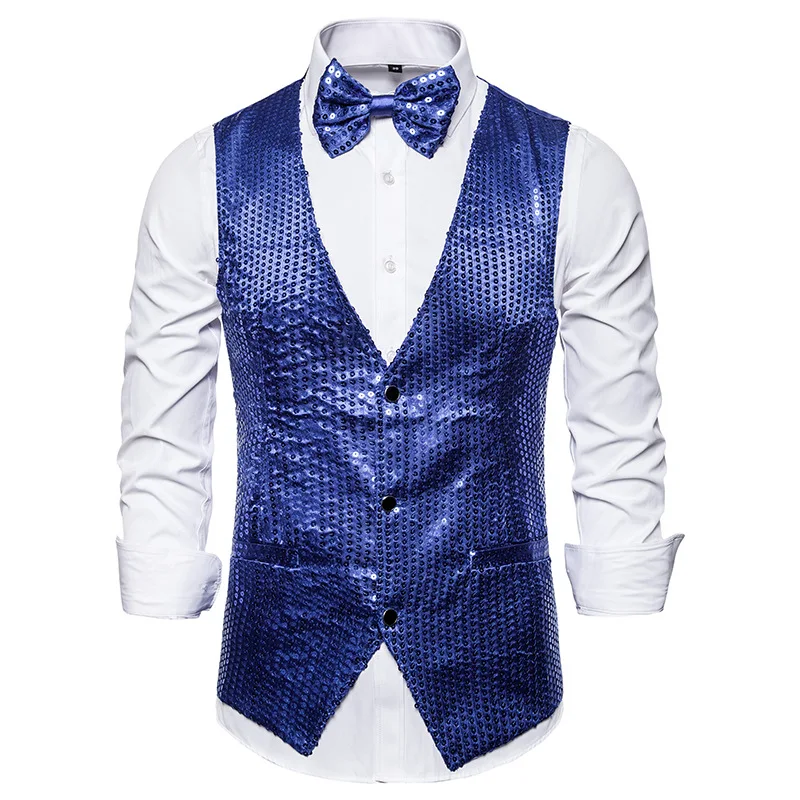 

Shiny Blue Sequins Vest Waistcoat Men 2021 Brand New Slim Fit Party Nightclub Vest Men Stage Singer Prom Gilet Costume Homme