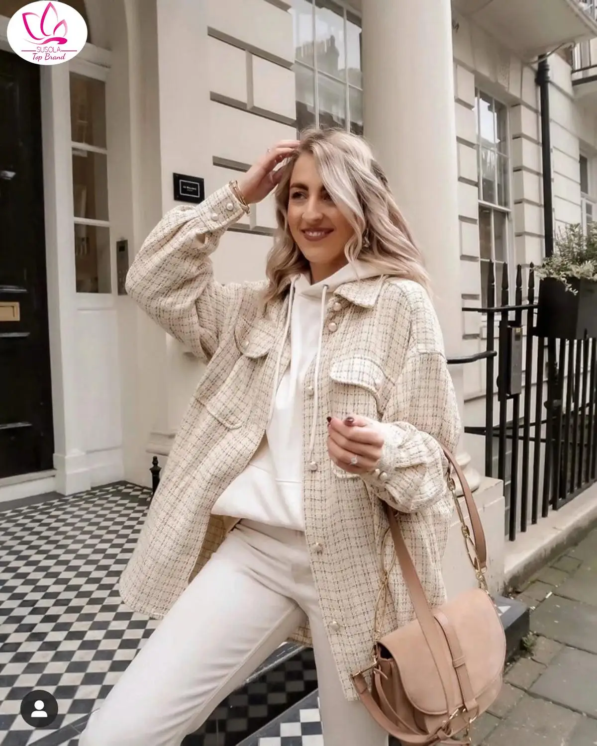 

Vintage Women 2020 Polyester Pearls Coats Fashion Ladies Thick Plaid Coat Female Streetwear Elegant Girls Oversize Jacket Chic
