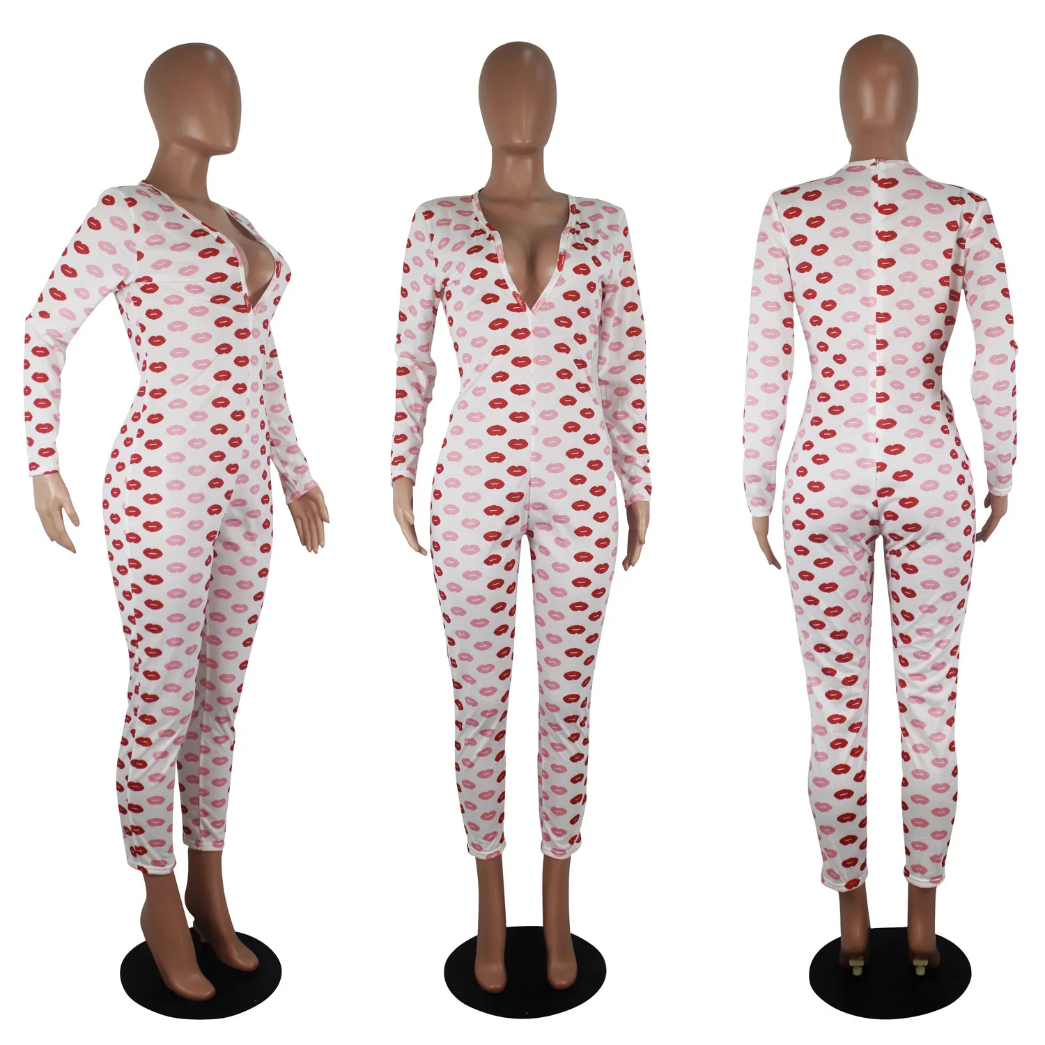 

HAOOHU Sexy Women heart Print Spring Long Sleeve Buttoned V Neck Adults Pajamas Plunge Lounge Jumpsuit Sleepwear