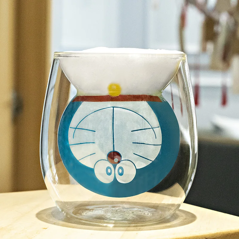 

2pieces 200ml Cartoon Doraemon Double Wall Glass Coffee Mugs Japanese Drinking Glass Cups