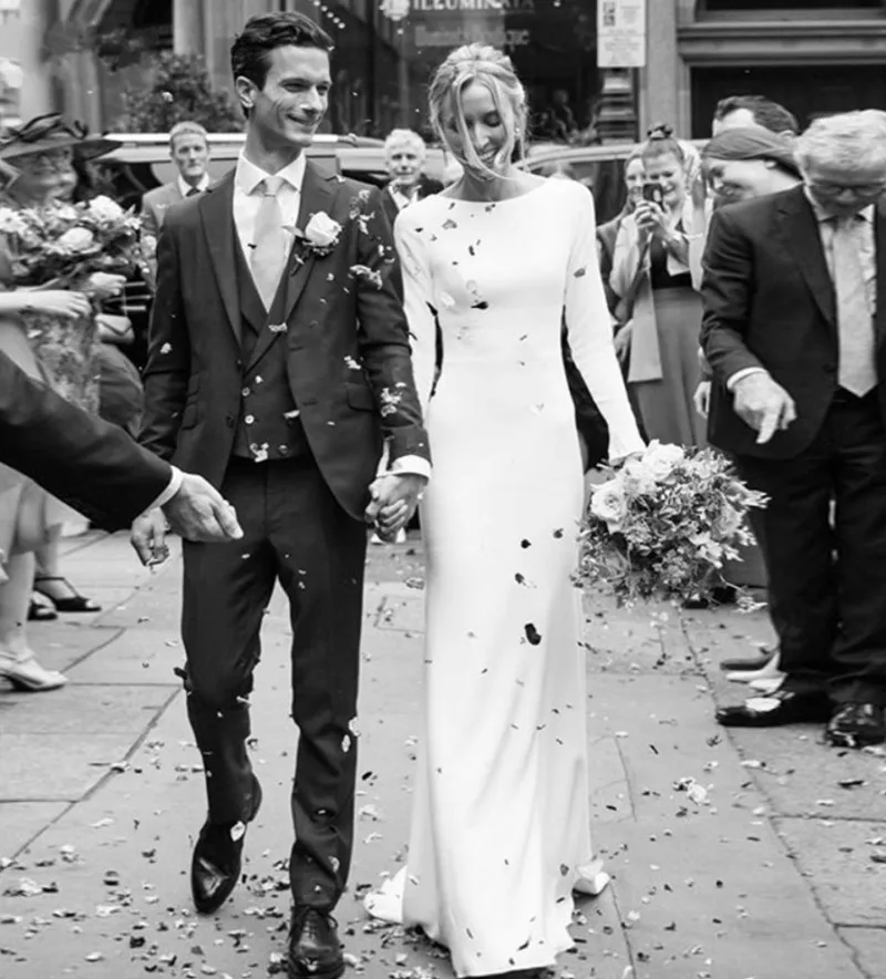 

Женское атласное платье с юбкой годе, простое свадебное платье с длинным рукавом, круглым вырезом и открытой спиной, лето 2023