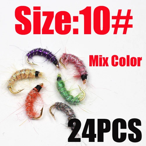 24PCS Size 10 Bimoo 24 шт. размер#10#12#14 несколько цветов рыболовные крючки в виде мухи для ловли форели Scud креветки Scud Cezch Fly Fishing Fly Nymphs - Цвет: 24PCS Size 10