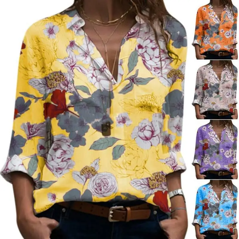 

Women Blouse Shirts Floral Printed V Neck Long Sleeve Ladies Casual Tops Office Loose Work Blouse Shirts Top