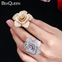 beaqueen luxury dubai yellow gold color finger jewelry cubic zirconia pave setting big flower wedding rings for women r056