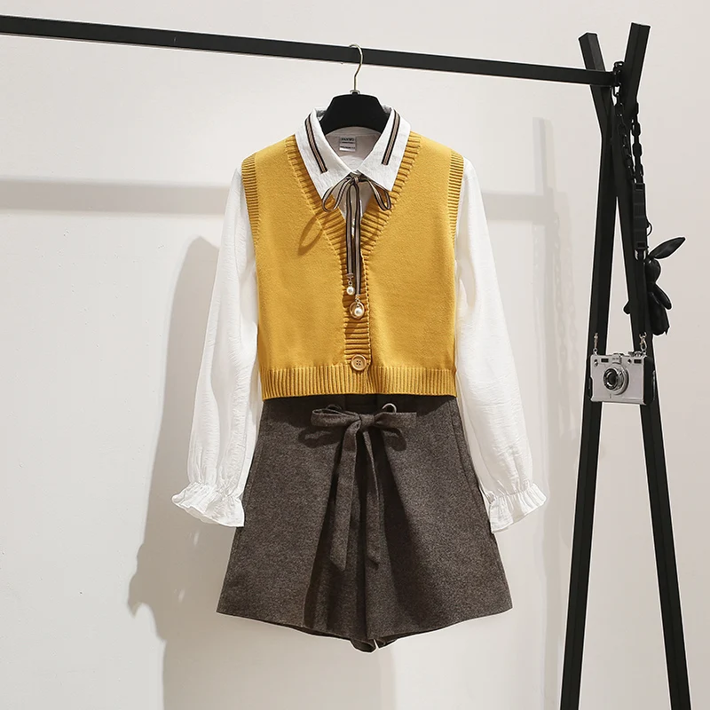 Женский Комплект из 3-х предметов элегантный желтый Трикотажный жилет с