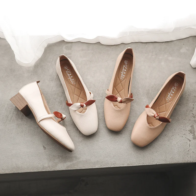 Туфли женские с бантом ПУ кожа квадратный носок без застежки плоская подошва