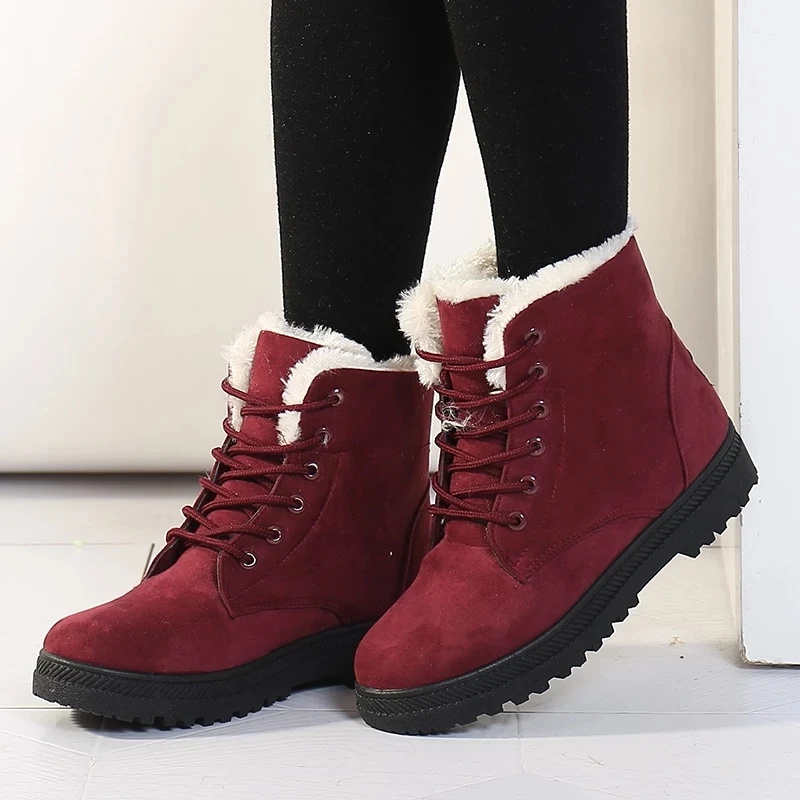 

2021 Women Winter Snow Boots Warm Flat Plus Size Platform Lace Up Ladies Women's Shoes New Flock Fur Suede Ankle Boots Female