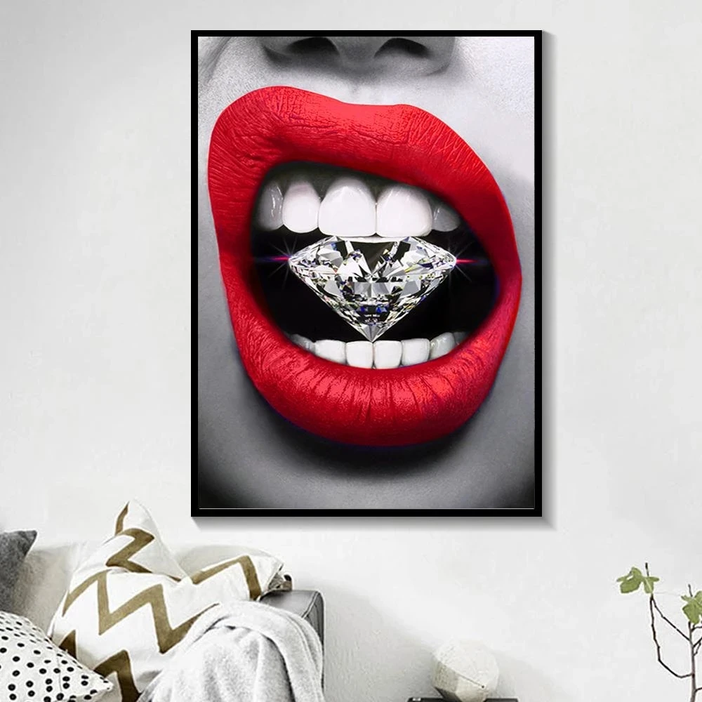 

Sexy Red Lips with Diamond Canvas Painting Posters and Prints Wall Art Cuadros Pictures for Modern Home Living Room Decor