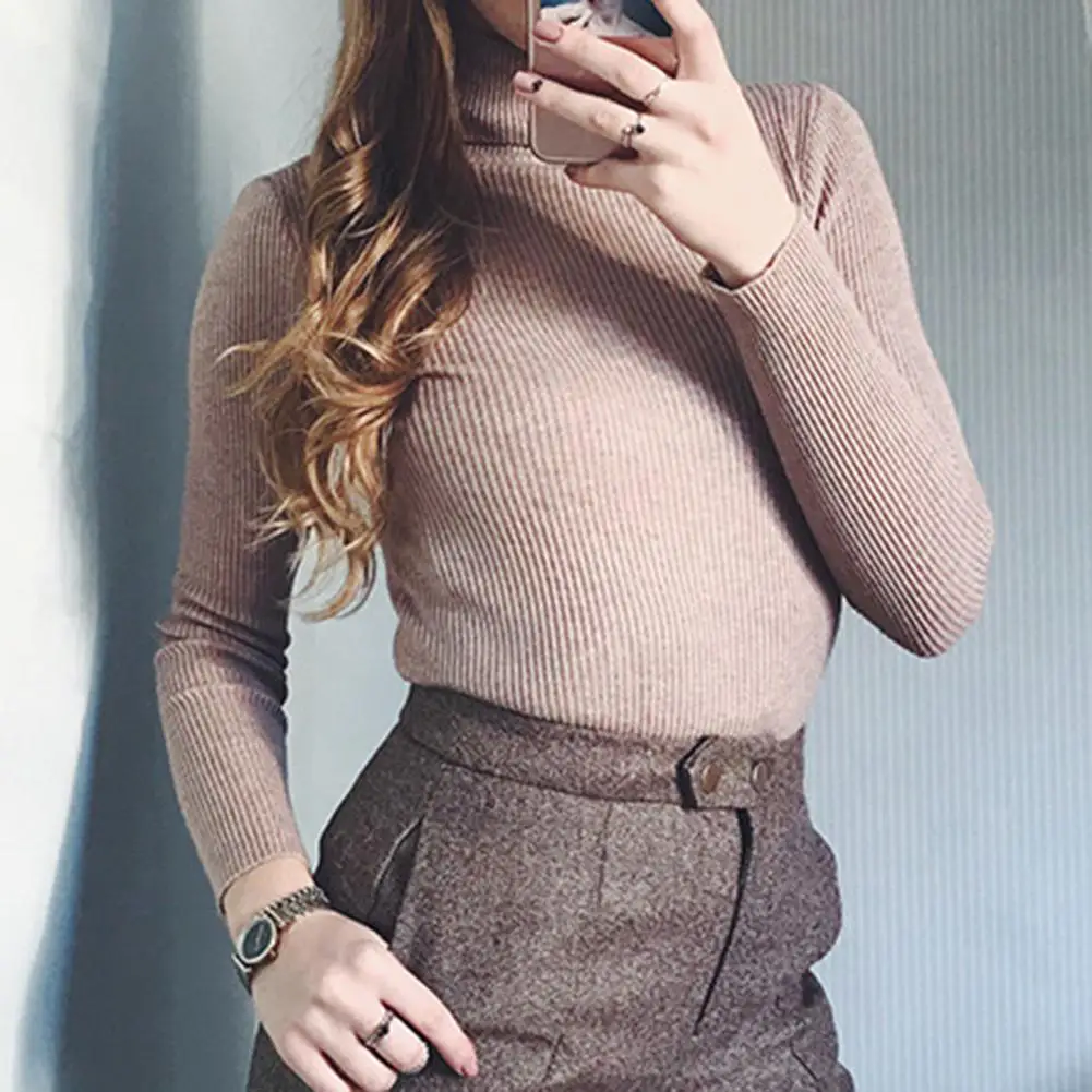 

Solid Color Turtleneck Women Sweater Pullover Elastic Slim Basic Knitted Top Ladies Clothes