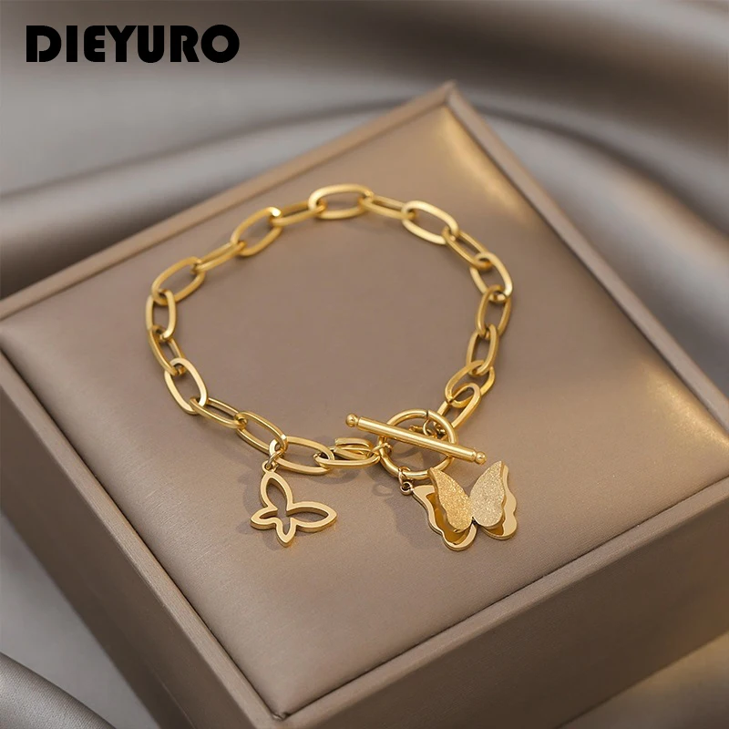 

DIEYURO 316L Stainless Steel Sweet Butterfly Bracelet On Hand Unique OT Buckle Chain Jewelry Adjustable Girls Gold Accessories