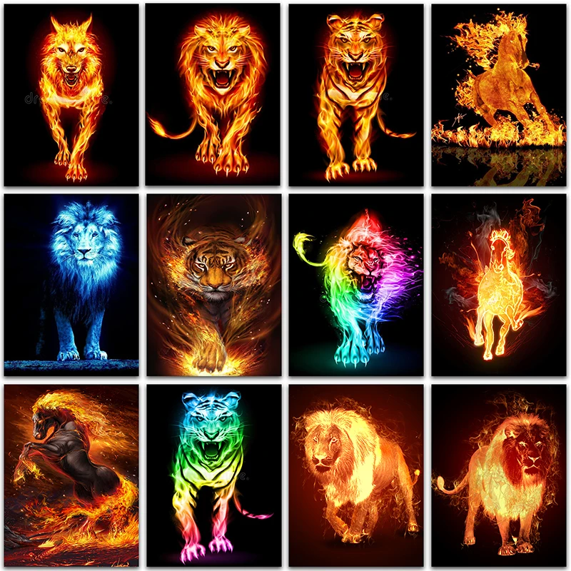 

Набор для алмазной живописи 5D «сделай сам», картина с изображением пламени, животного, тигра, лошади, волка, домашний декор, мозаика квадратн...