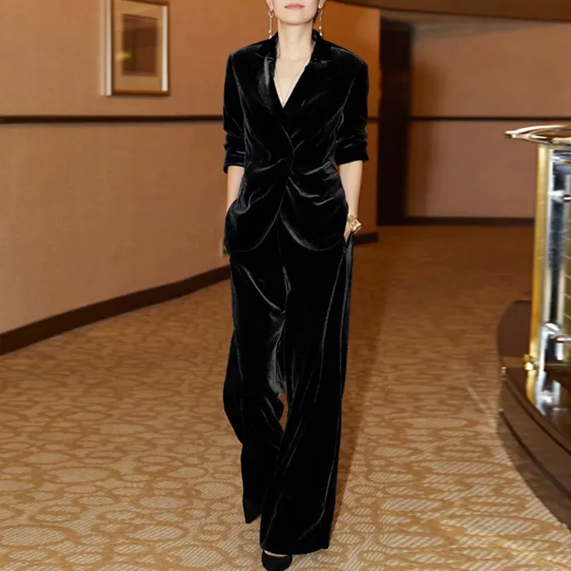 

Женский костюм из двух предметов, новинка весны и осени 2019, Модный корейский золотистый бархатный пиджак + длинные брюки, Женский комплект и...