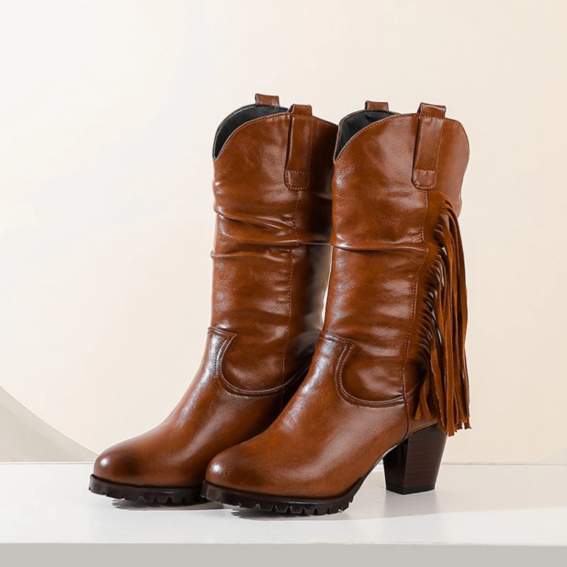 Женские ботинки в стиле ретро на высоком каблуке с бахромой | Обувь