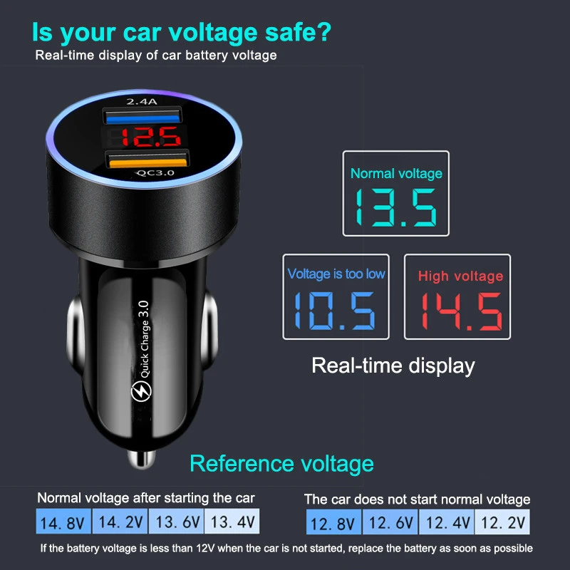 Автомобильное зарядное устройство QC 3,0 с цифровым дисплеем и двумя usb-портами для iPhone, Xiaomi, samsung, быстрая зарядка 3,0, быстрая зарядка, универсальное автомобильное зарядное устройство с gps