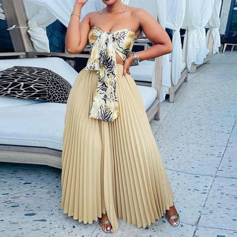 

Elegant Women Two Piece Sets Dress Fashion Loose Suits Outfits Sexy Tie-Up Bandeau Strapless Crop Tops+Summer Pleated Skirt Set