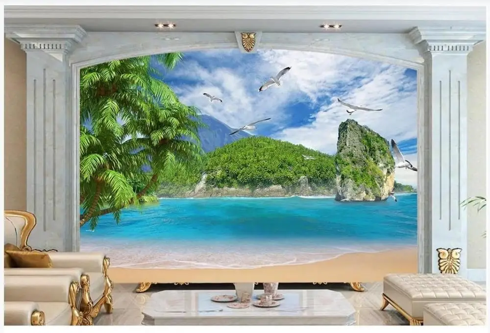 

Фотообои на заказ для стен, с изображением пляжа, острова, деревьев, Приморского пейзажа, чайки, ТВ-фона, Декор для дома