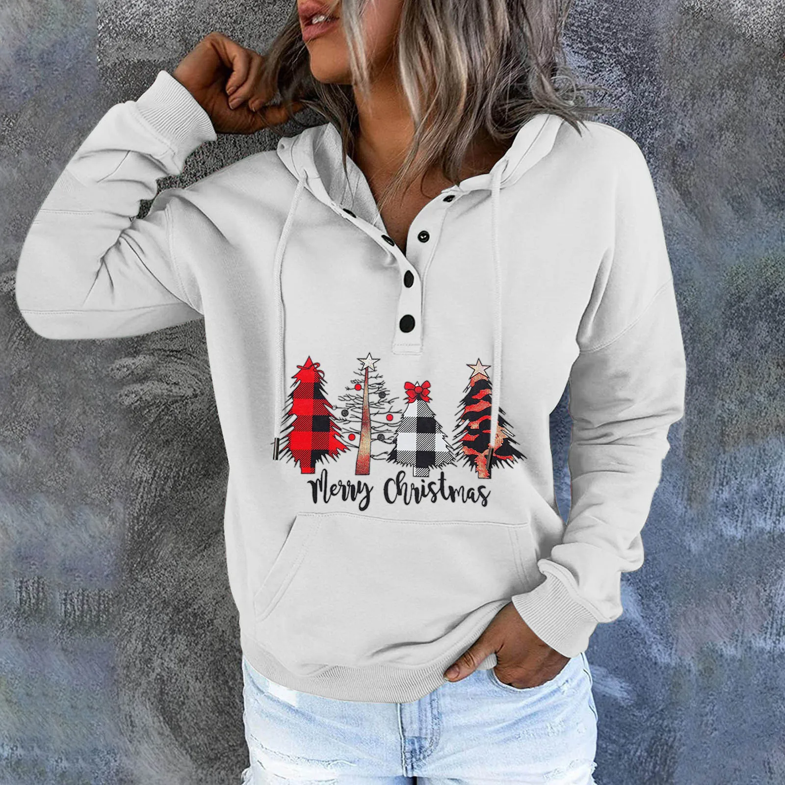 

Merry Christmas Womens Hoodies Plaid Printed Xmas Tree Long Sleeve Pullovers Button Down Hooded Sweatshirts Sudadera Mujer A40
