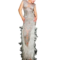 shining diamonds women white feather dresses mesh see through mermaid dress birthday prom bodycon outfit nightclub costumes