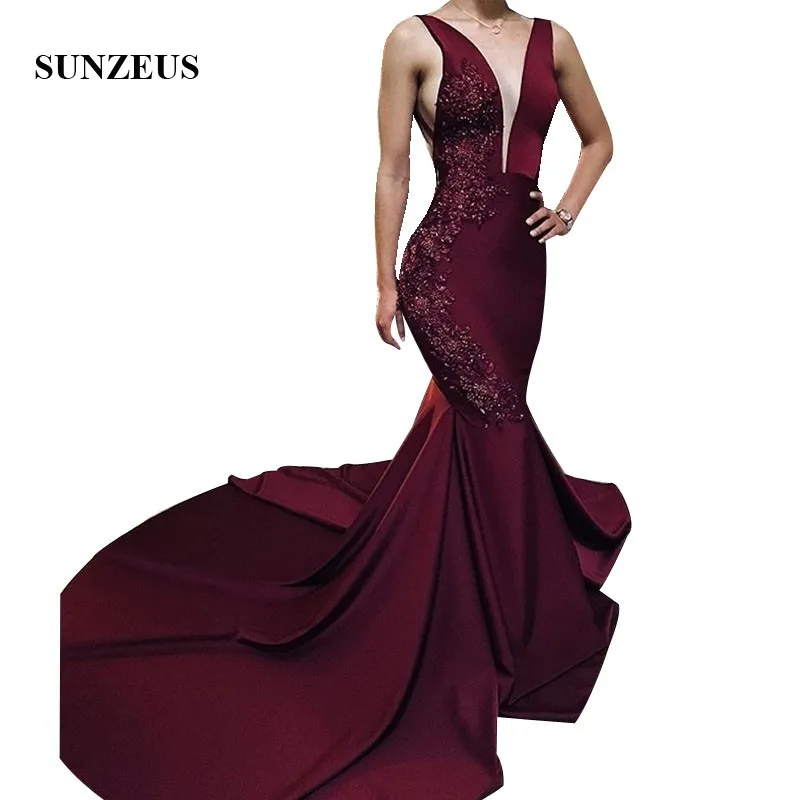 

Burgundy Mermaid Evening Dresses Deep V-neck Long Formal Gowns With Appliques Women Party Dress 2022