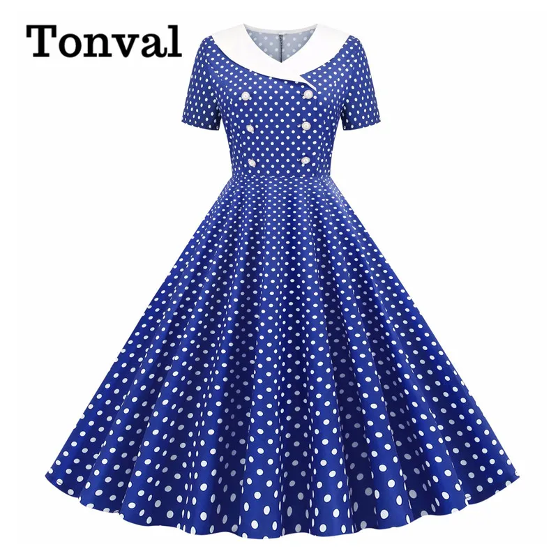 Tonval-vestido Vintage con doble botonadura para mujer, Túnica de lunares de los años 50 y 60, vestido elegante de verano 2020