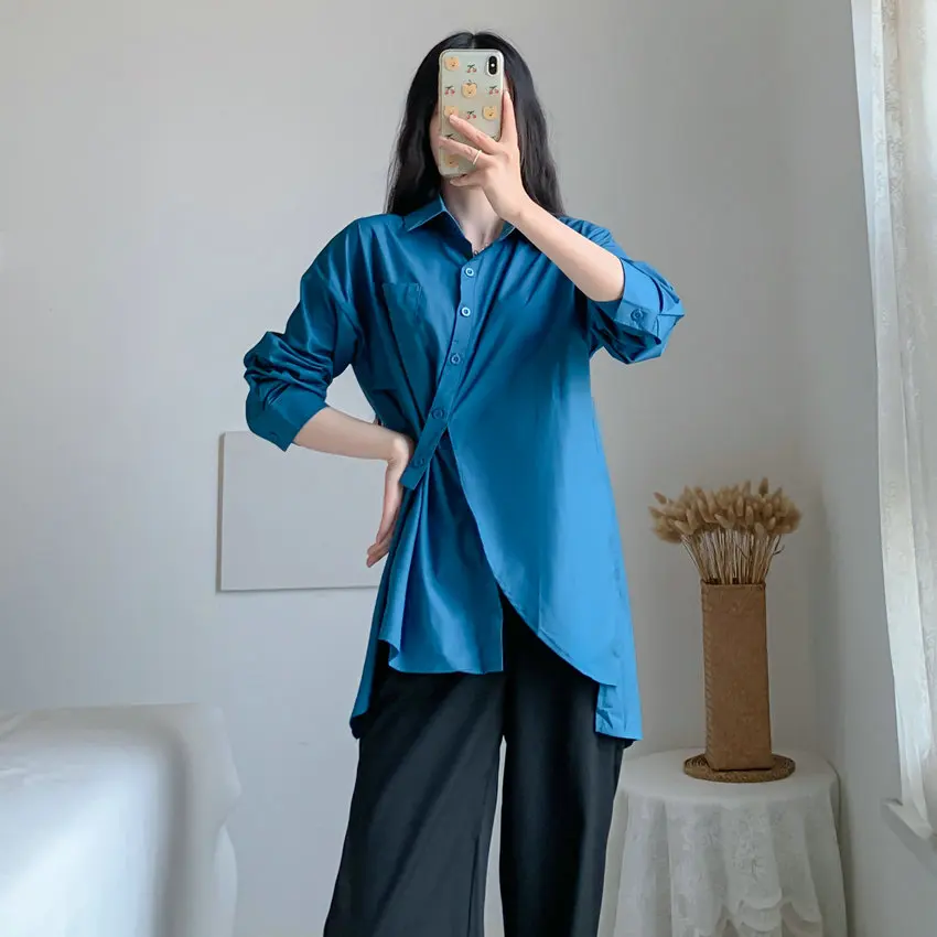 

Fashion Women Blue Shirt And Black Pant Two Pieces Suit Set Spring Irregular Design Top And Straight Trouser Twinset Clothes New