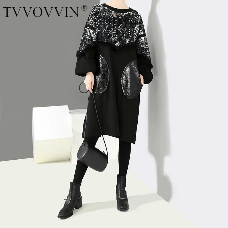 TVVOVVIN, новинка, Осень-зима, круглый вырез, длинный рукав, черный, ПУ, карман, блестки, стежка, большой размер, платье для женщин, L153