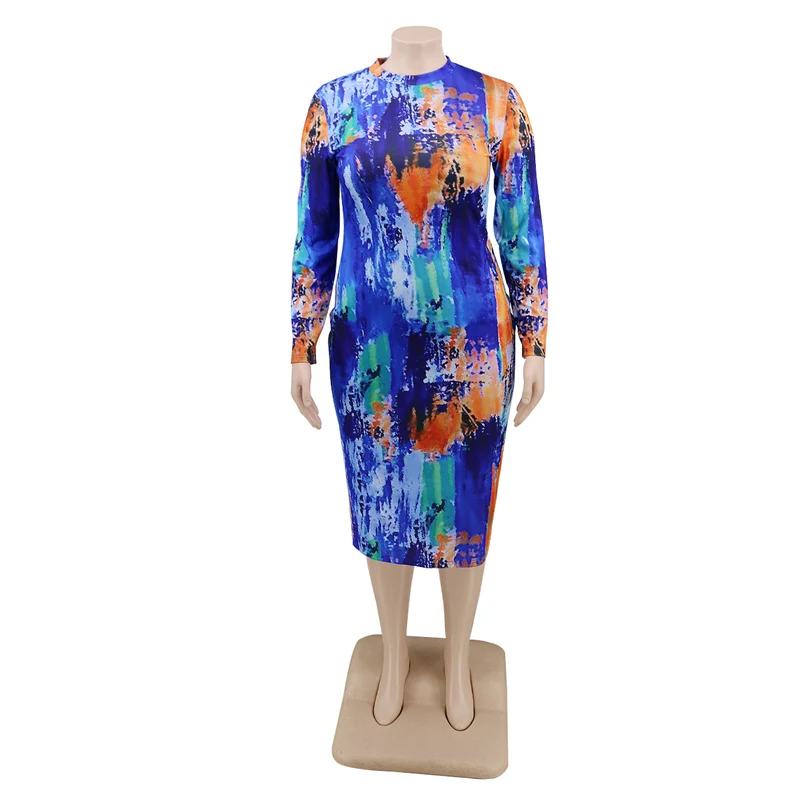 

Spring Autumn Women Plus Large Size Dresses Tie-dye Printing Long Sleeve Elasticity Dress Casual Vestidos ropa de mujer 2020