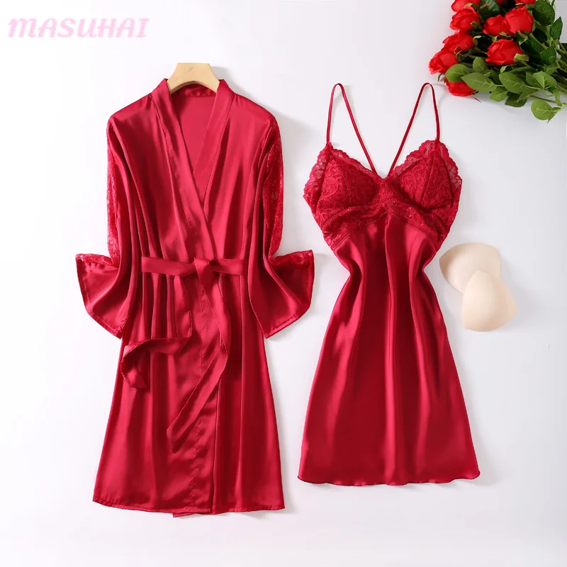 

MASUHAI wholesale 2pcs New sexy pajamas women's suspender nightdress spring silk nightgown home wear with bra