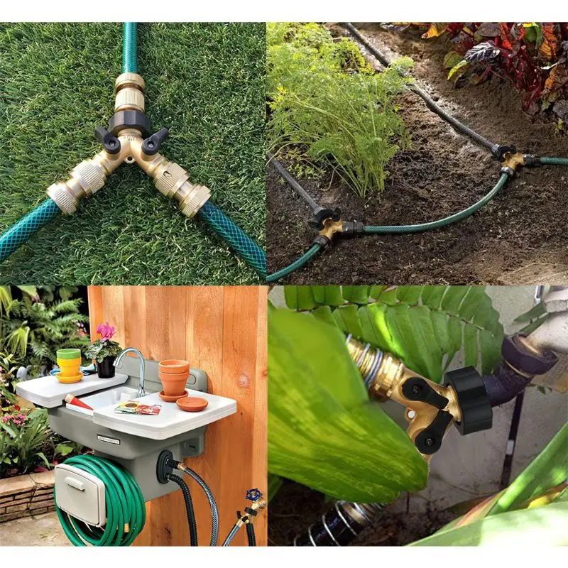 

2 Way Brass Garden Hose Connector Splitter Y Connector Shut off Water Valves Divider Adapter US/EU Standard