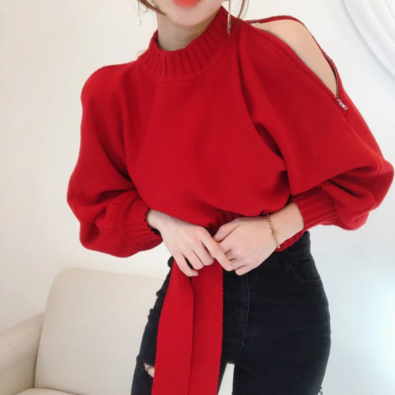 BGTEEVER Casual Cold-shoulder Knitting Pullover Sweaters Women Slim Waist Winter O-neck Lace-up Female Short Jumpers Tops 2020 | Женская