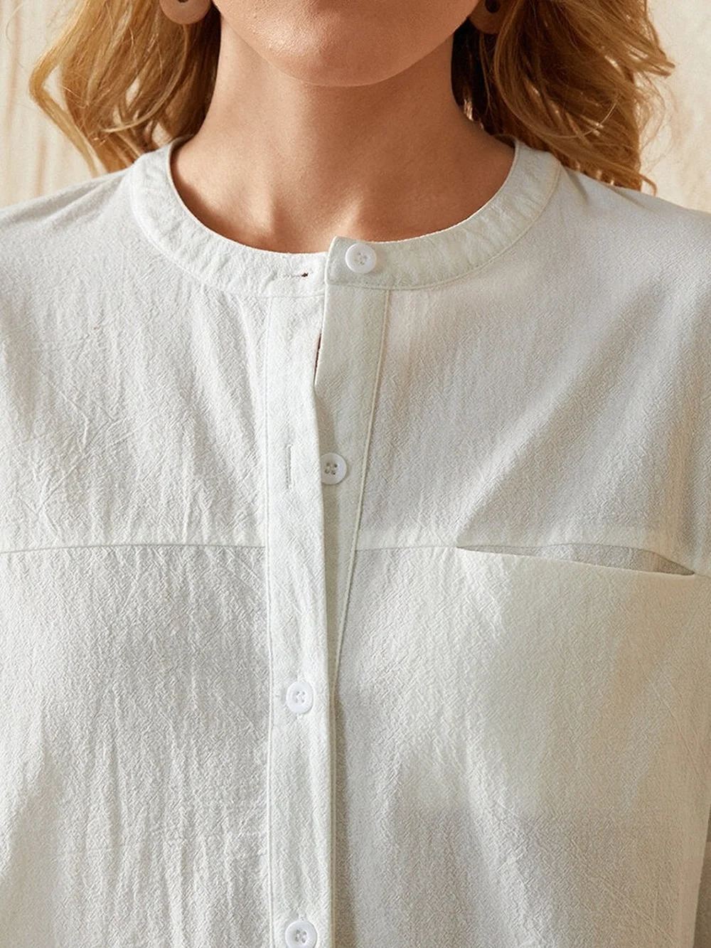 

Donsignet Fashion Women's Blouse Spring Casual Round Neck Single-breasted Solid Color Irregular Commuting Long-sleeved Blouse