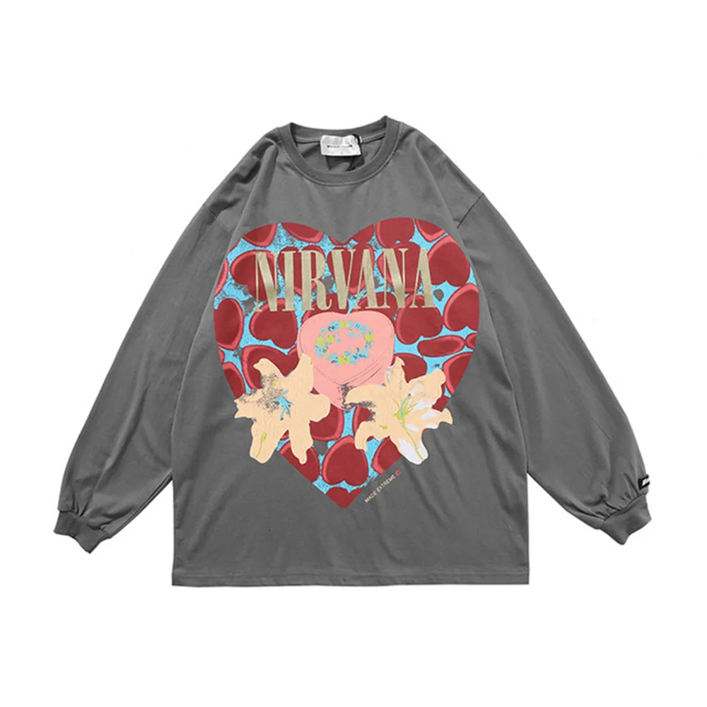 

CA 2021 Autumn Fashion Oversized Love Flower Print Tees Harajuku Long Sleeve T-shirt Women Girl Casual Hip Hop Graphic T Shirts