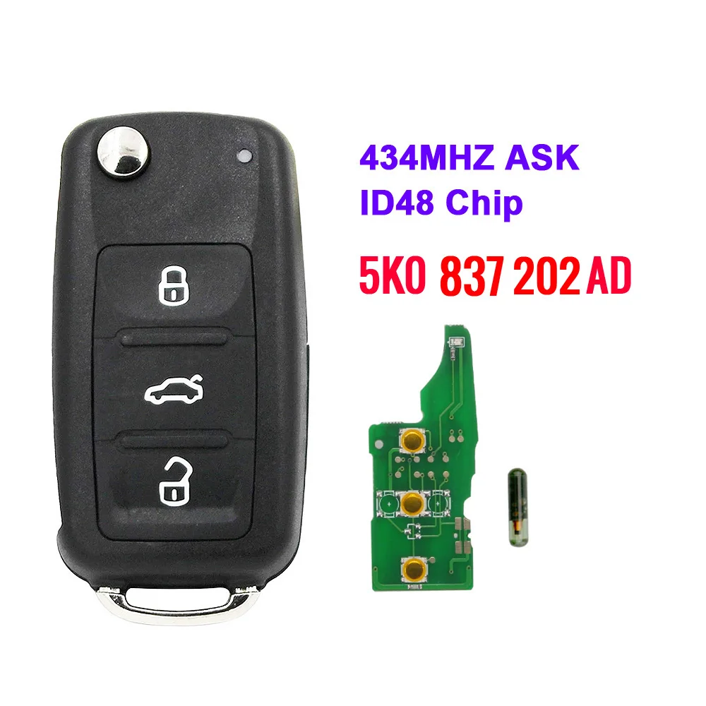 XNRKEY после Рынок 3 кнопки дистанционного флипа ключа 5K0 837 202AD с 433 МГц ID48 чип для