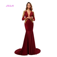 elegant mermaid evening dresses sexy deep v neck long sleeves satin prom dress gold appliques beaded formal party gowns