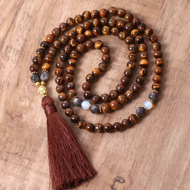 

National Style Necklace Natural Stone Tiger Stone Beads Handmade Beaded Buddha Head Long Tassel Sweater Chain Ornament Wholesale