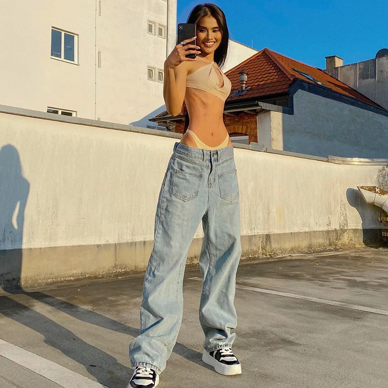 

HEYounGIRL Front Pocket Loose High Waist Jeans Pants Women Summer Casual Straight Denim Trousers Fashion Boyfriend Streetwear