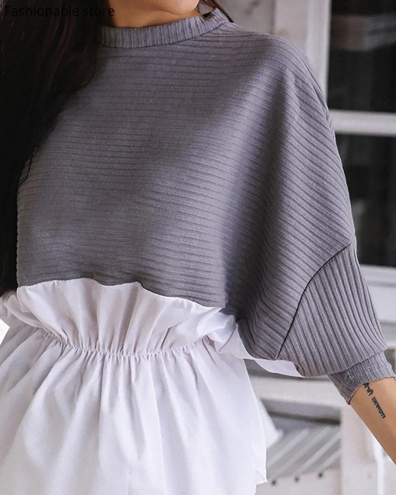 Женская Осенняя блузка в рубчик с круглым вырезом и рукавами летучая мышь |