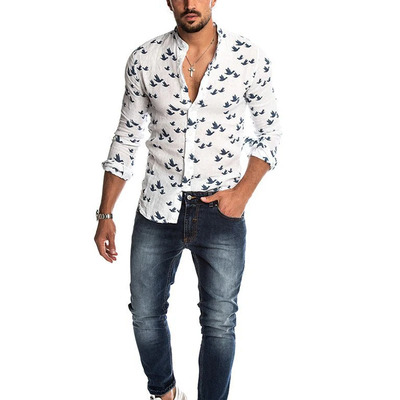 Мужская льняная рубашка в гавайском стиле с принтом однобортный Топ длинным