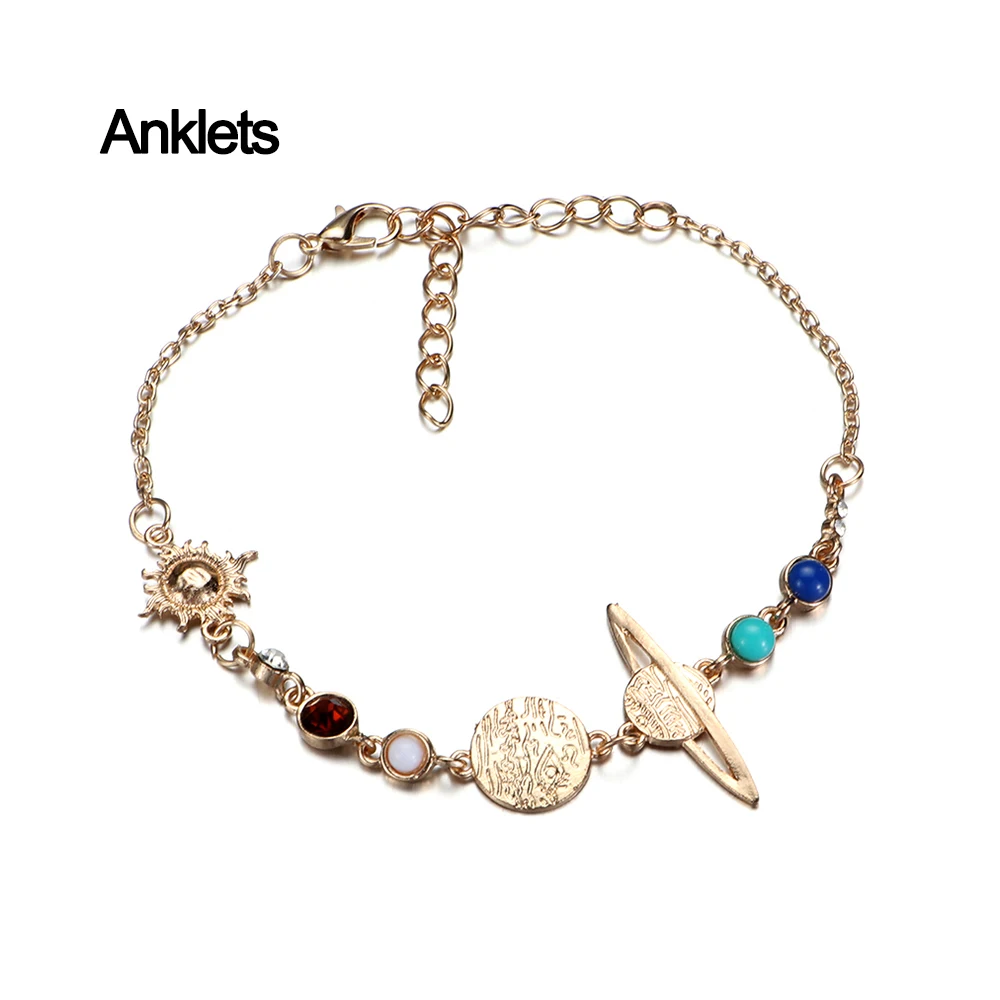 Anklets Простая Подвеска ножного браслета для женщин с золотистым камнем бусы планета ножные браслеты летние пляжные браслеты на ногу ювелирные изделия ножной браслет - Окраска металла: Anklets