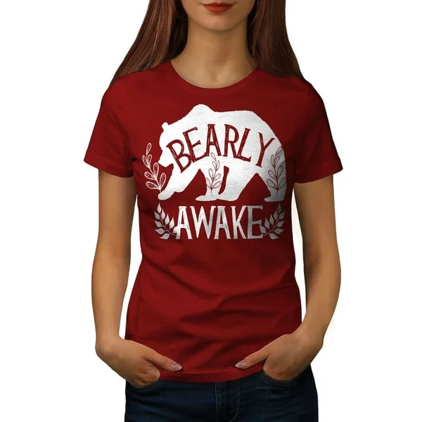 

Wellcoda Bear Bearly Awake Womens T-shirt, Grizzly Casual Design Printed Tee