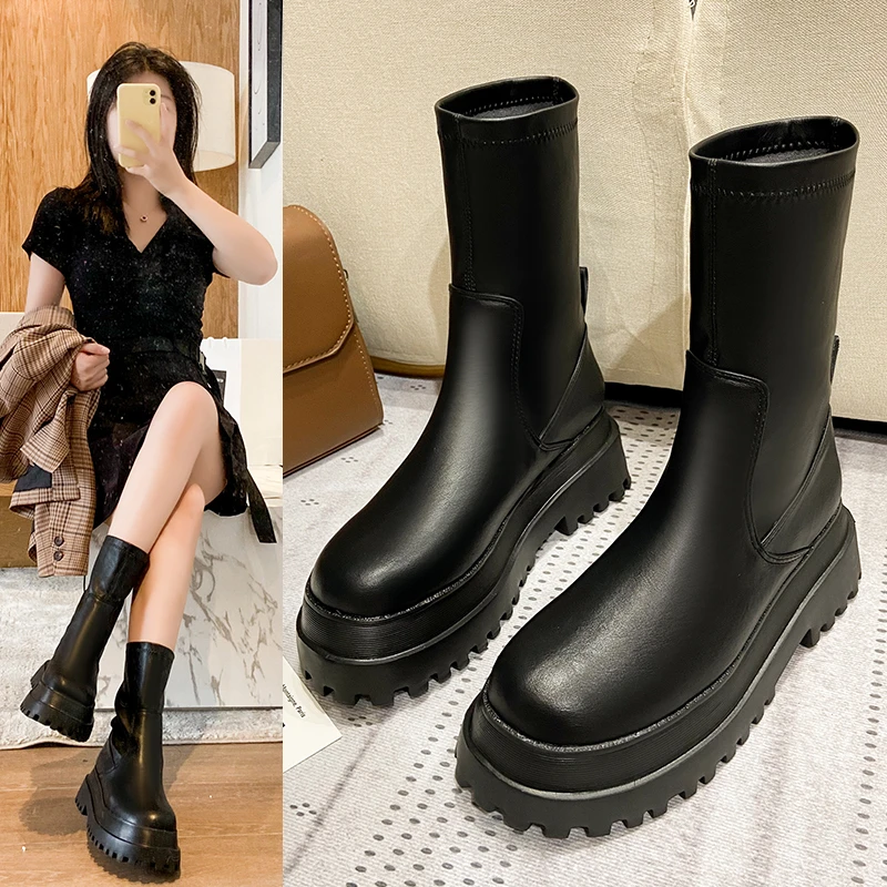 

Punk Gothic Chunky Boots Women High Platform Motorcycle Boots 2021 New Slp On Black PU Leather Mid-Calf Boots Female Designer