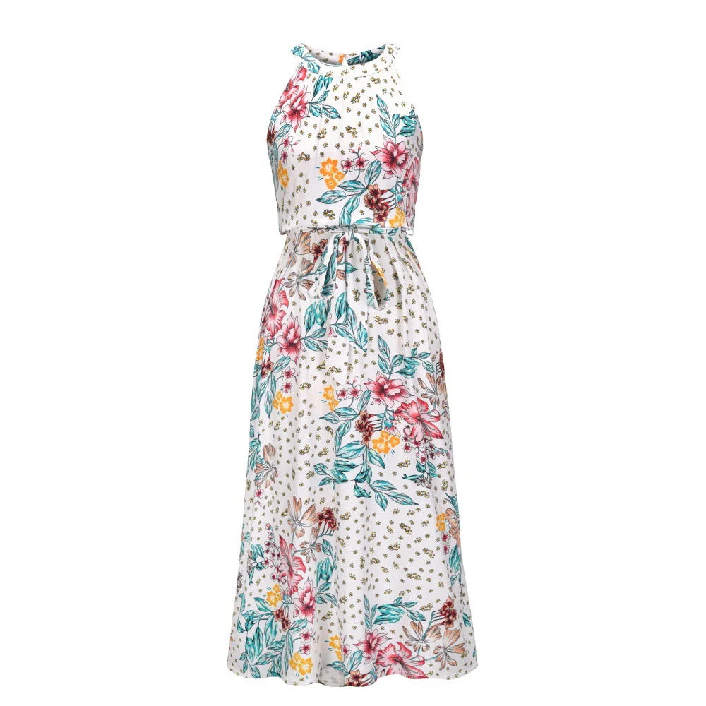 

Women's New Fashion Sexy Printed Floral Dress Sleeveless Hanging Neck O-neck Strapless Bohemian Dress Ankle-length Skirt