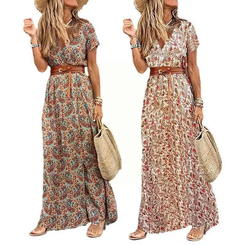 

Women Boho Long Dress Retro Long Sleeve V Neck Beach Dress Flower Vintage Split Print Maxi Dress Belted Ladies Robe Elegant V8X5